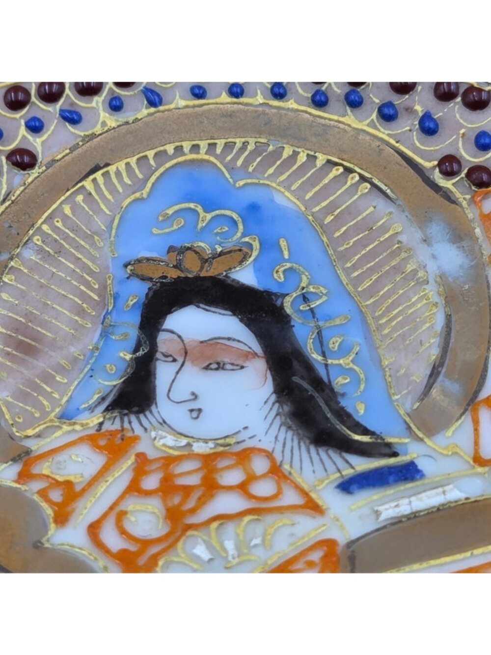Vintage Japanese Satsuma Moriage Kannon Arhat Hand Painted Saucer Set 2 - Picture 11 of 12